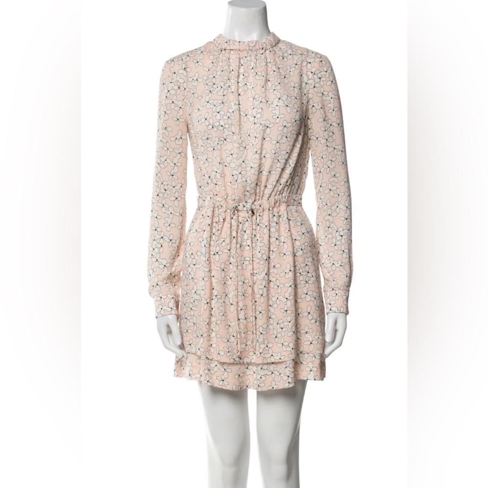 ALC Floral Drawstring Waist Long-Sleeve Dress in Beige